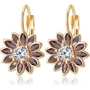 14K Gold Plated Purple Main Crystal Flower Drop Leverback Earrings for Women